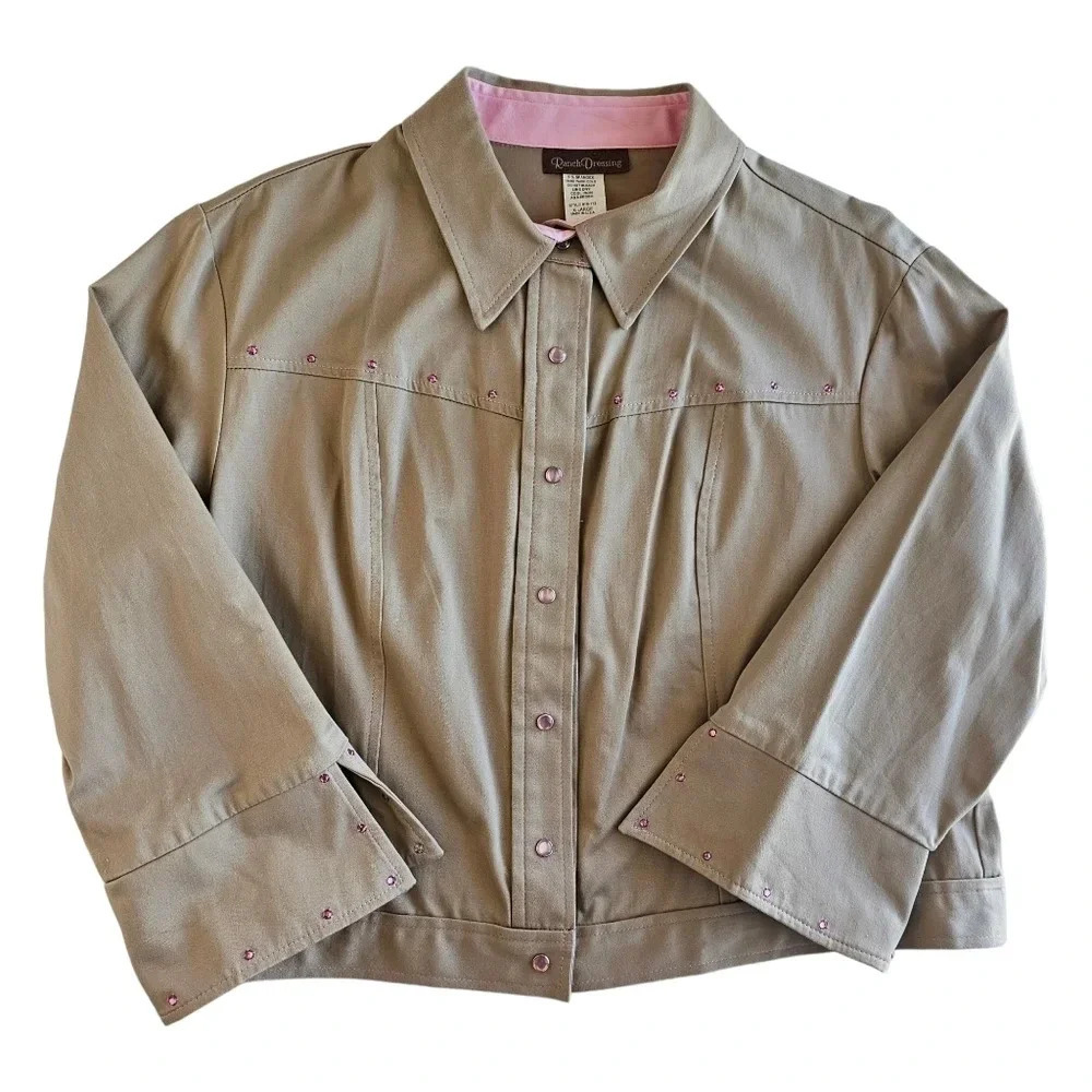 Ranch Dressing Women's Beige Bedazzled Western Shirt Snap Button Size XL